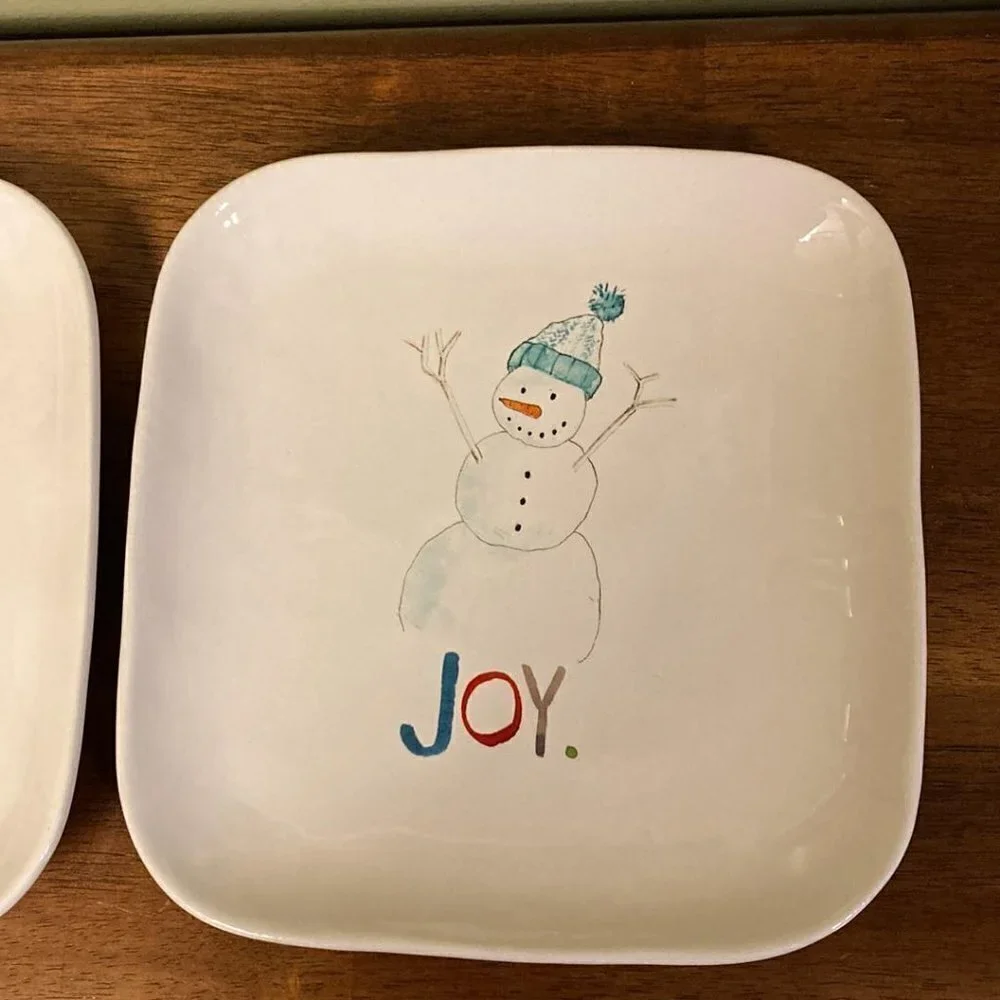 EUC Rae Dunn JOY Snowman Ceramic Plates Set of 3